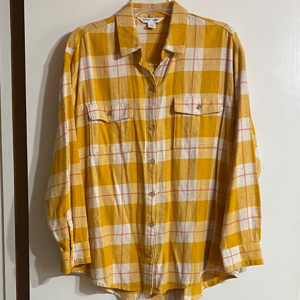 Old Navy Yellow and Pink Checkered Flannel Shirt